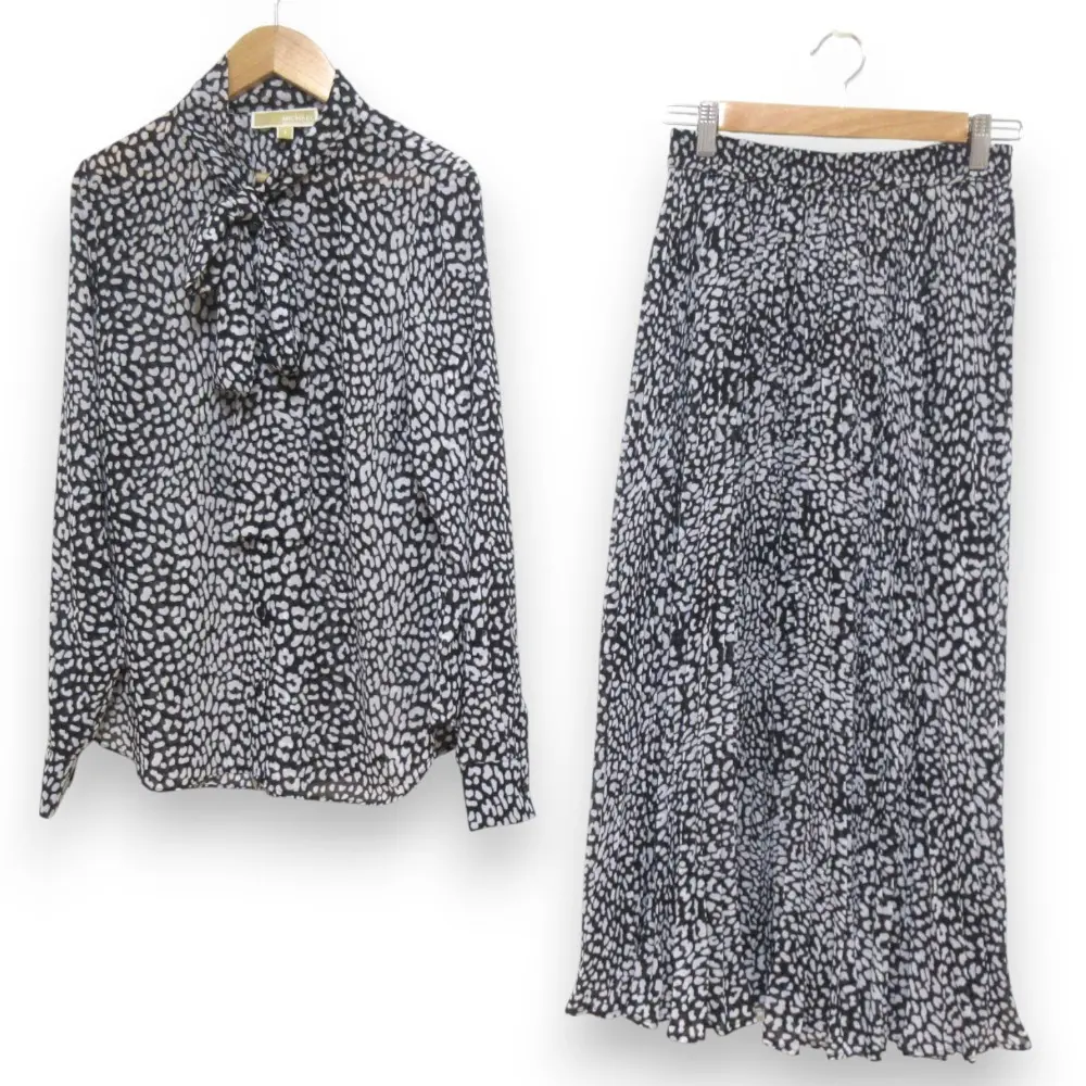 24SS MICHAEL KORS マイケルコース レオパード柄 ジョーゼット タイネック ブラウス ロングスカート セットアップ ブラック系