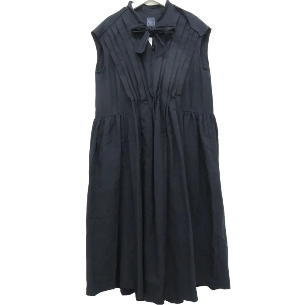 mina perhonen ミナペルホネン kivi リネンブレンド ボウタイ マキシ丈 ノースリーブ ワンピース xs3598 38 ネイビー