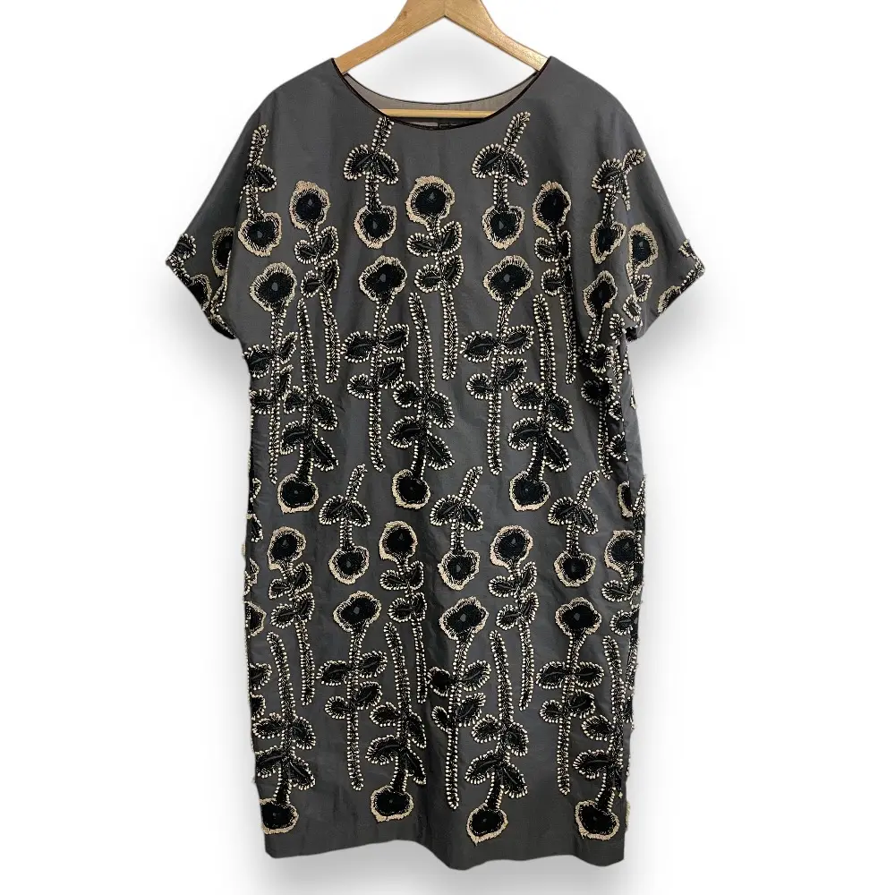 mina perhonen ミナペルホネン frost garden フラワー刺繍 半袖 ひざ下丈 ワンピース ドレス 38 グレー×ブラック