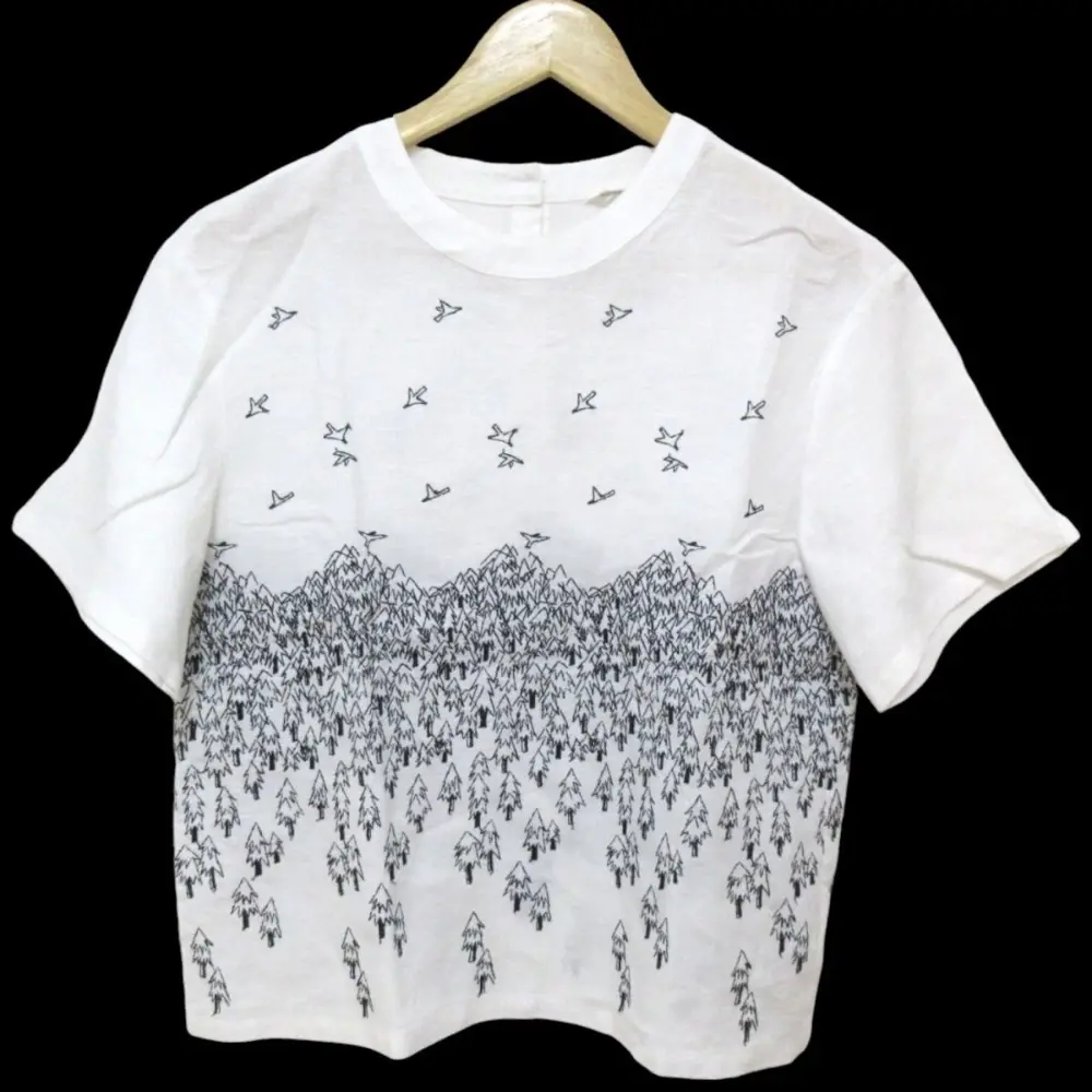 24SS mina perhonen ミナペルホネン forest to bird リネン100％ 刺繍 半袖 Tシャツ ブラウス カットソー 38 ホワイト ネイビー