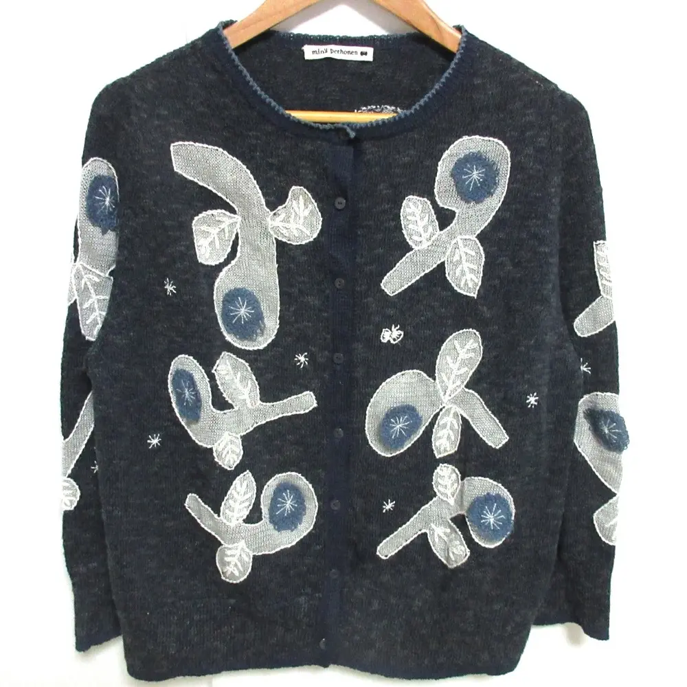 mina perhonen ミナペルホネン bow フラワー刺繍 リネンブレンド ニット カーディガン ts8794 38 ネイビー