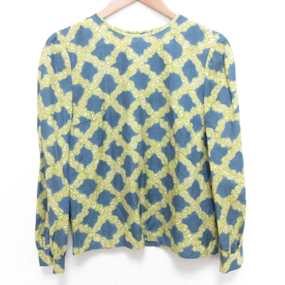 mina perhonen ミナペルホネン petal check ペタルチェック 後ろボタン コットン ブラウス カットソー サイズ38 グリーン系