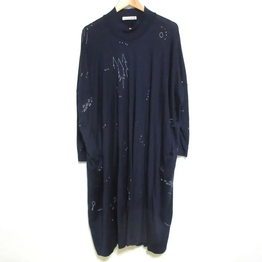 mina perhonen ミナペルホネン whisper 長袖 マキシ丈 ウールワンピース wa8264 F ネイビー