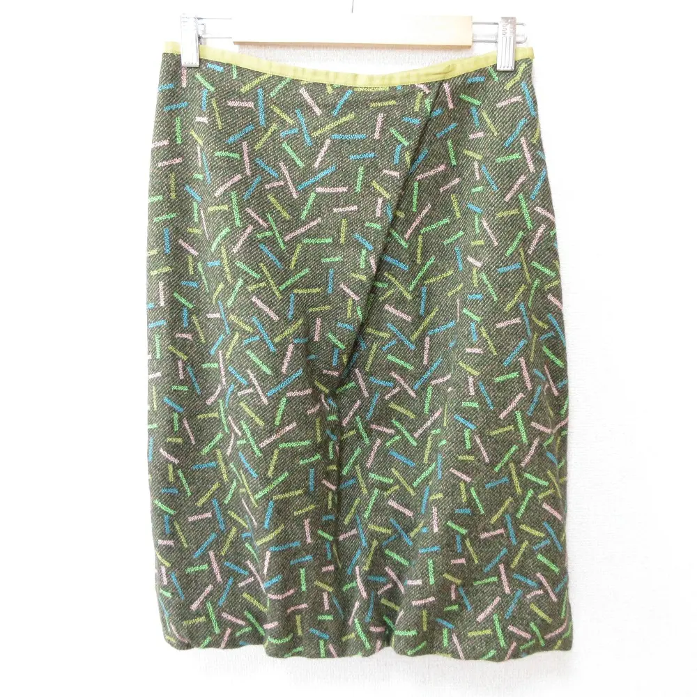 mina perhonen ミナペルホネン light stick ライトスティック 刺繍 ヘンプウール ひざ丈 タイトスカート 38 カーキ系