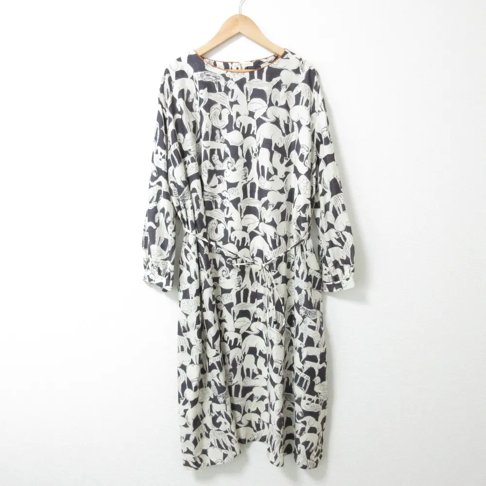 20AW ミナペルホネン life puzzle 総柄 シルクウール ウエストマーク 長袖 ロングドレス ワンピース ya3772 40 ネイビー