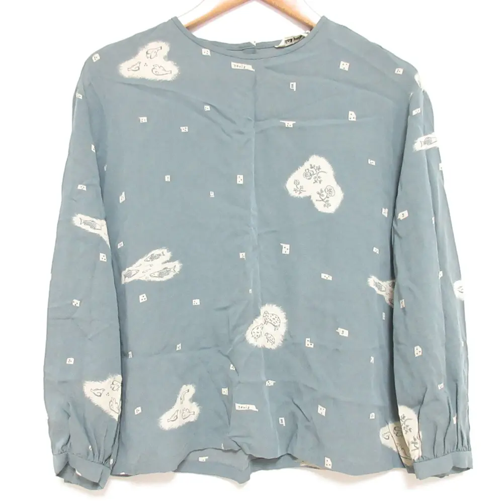 mina perhonen ミナペルホネン trois シルク プルオーバー ブラウス xa1007 サイズ36 ブルー×グレー