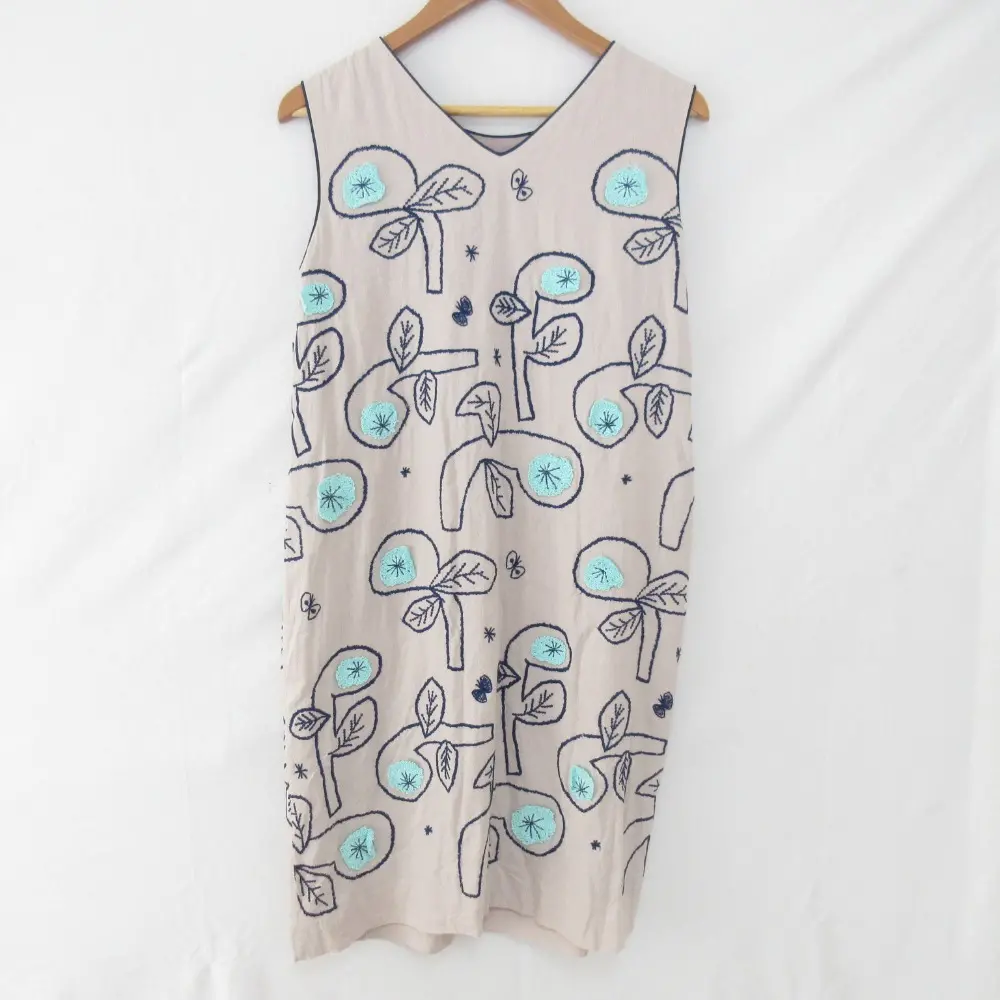 mina perhonen ミナペルホネン bow シルク100％ 刺繍 ひざ丈 ノースリーブワンピース サイズ38 ピンクベージュ