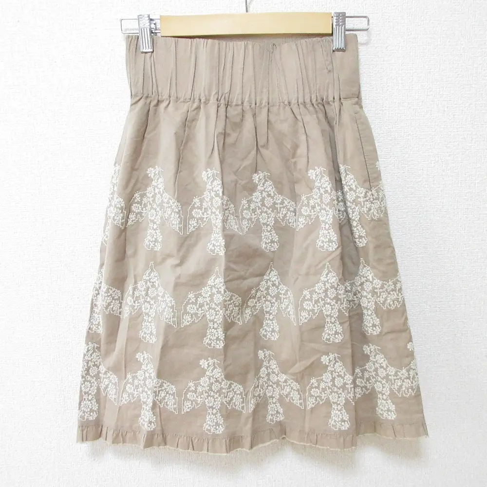 mina perhonen ミナペルホネン odyssey オデッセイ 鳥 バード 刺繍 イージー ハイウエスト ひざ丈 スカート 36 ベージュ