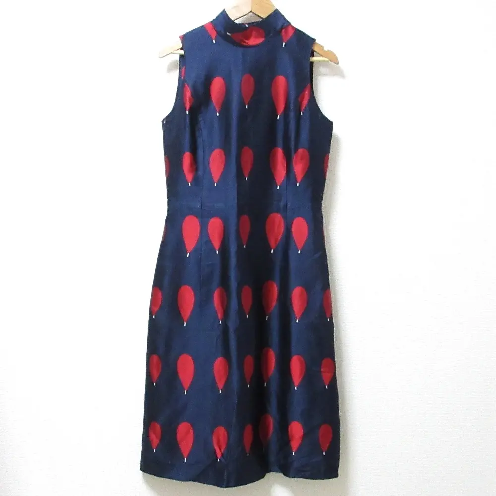 mina perhonen ミナペルホネン balloon バルーン 総柄 シルクブレンド リボン ミディ丈 ひざ丈 ノースリーブ ワンピース ネイビー