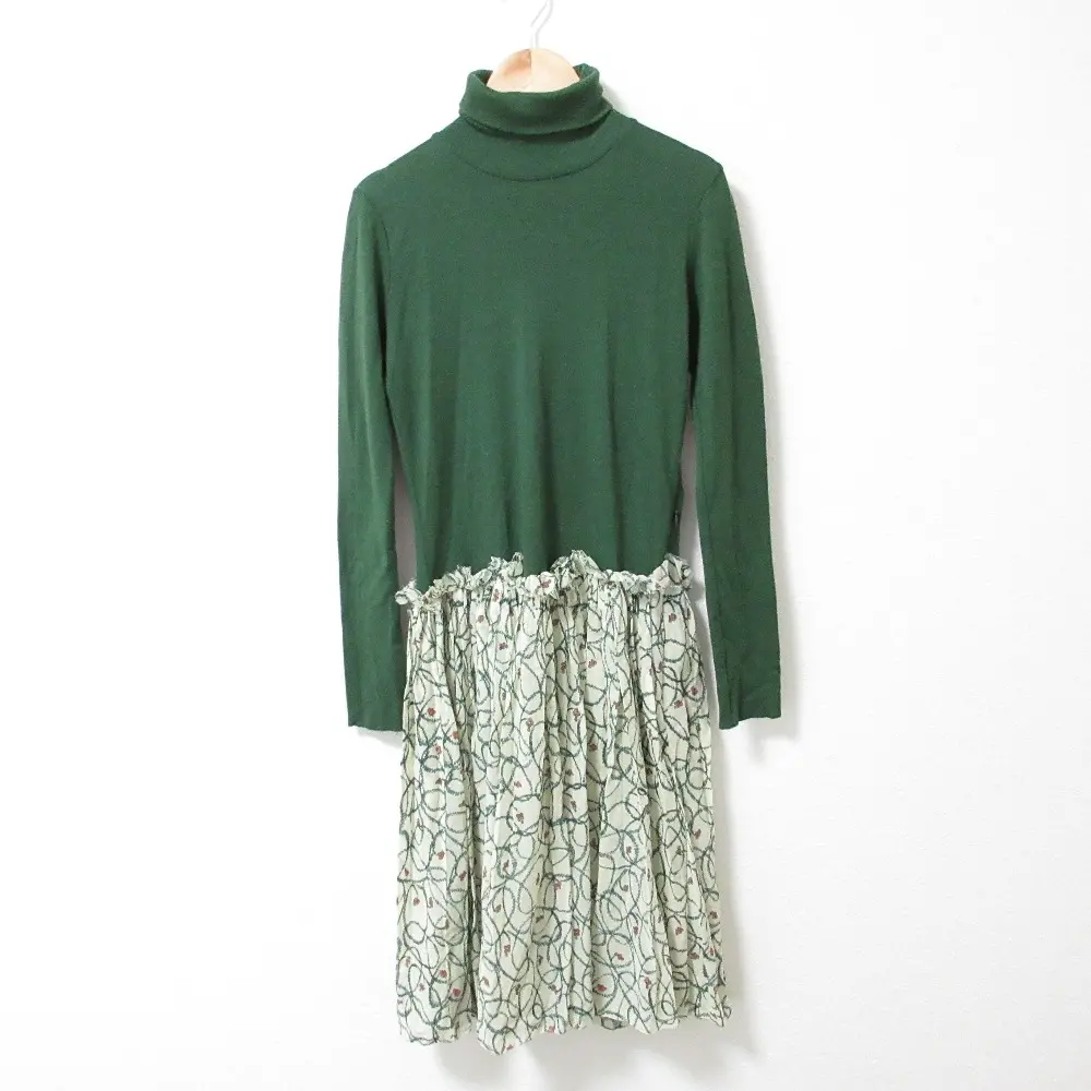 mina perhonen ミナペルホネン hulahoop フラフープ タートルネック 長袖 ひざ丈 フレア コンビワンピース ha3180 グリーン