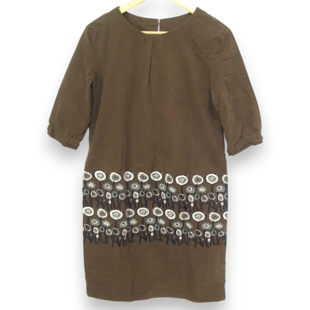 mina perhonen ミナペルホネン LAUNDRY path 刺繍 ハーフスリーブ ひざ丈 コーデュロイワンピース sa3218 サイズ36 ブラウン