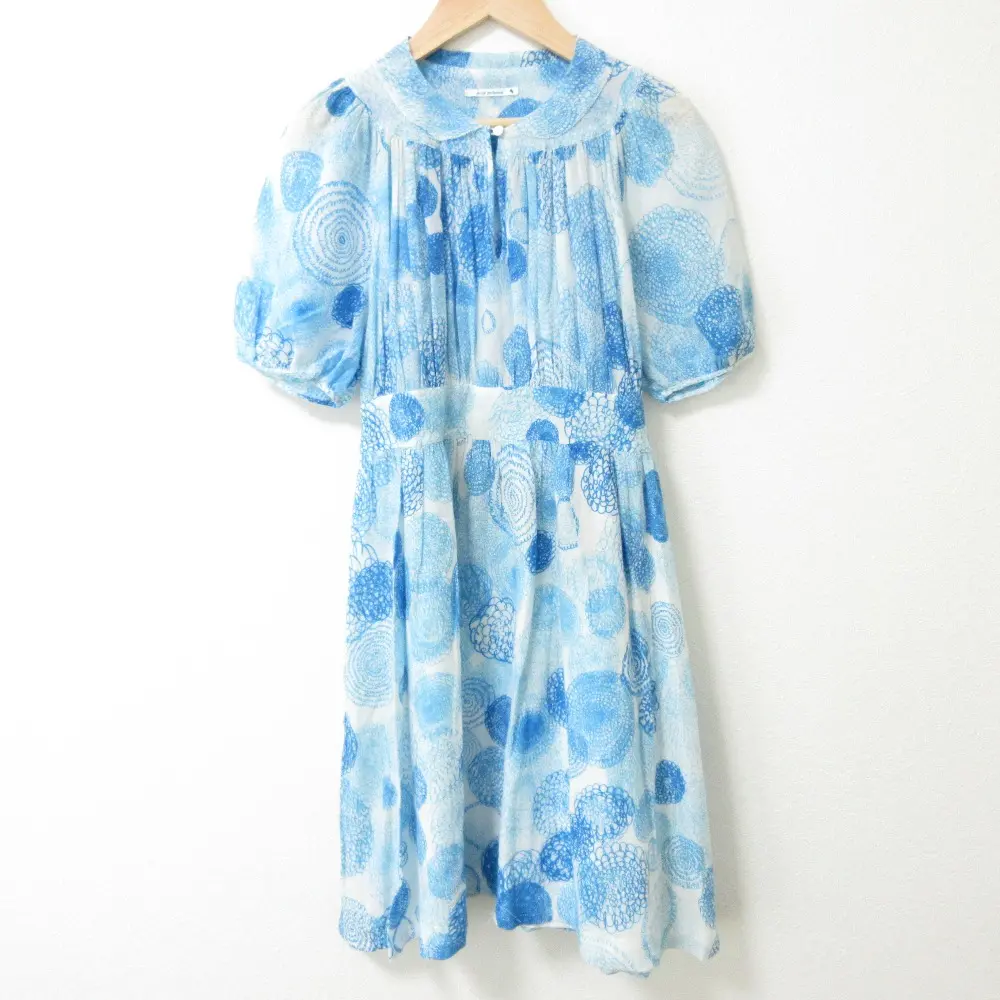 mina perhonen ミナペルホネン rain chukka フロントギャザー 五分袖 ひざ丈 フレアワンピース 2 ブルー