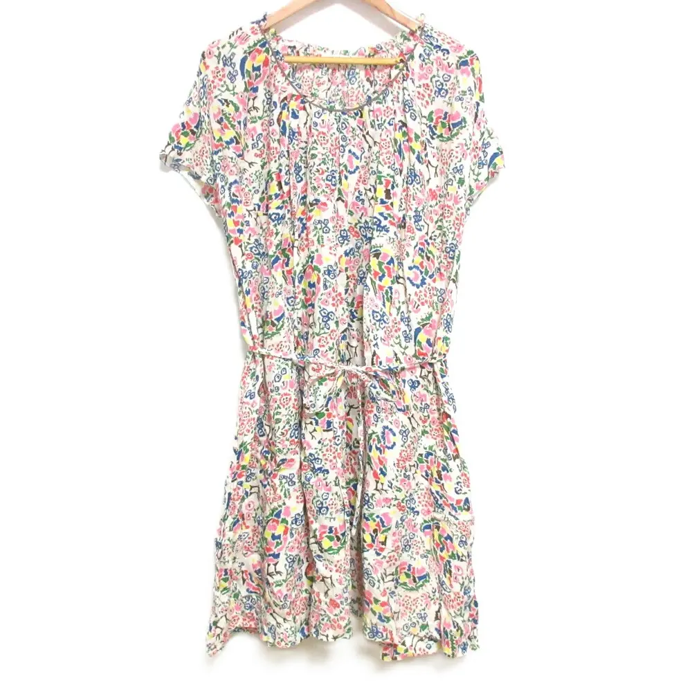 mina perhonen ミナペルホネン paradis パラディス 総柄 リネン100％ 半袖 ひざ丈 フレア ワンピース 36 マルチカラー