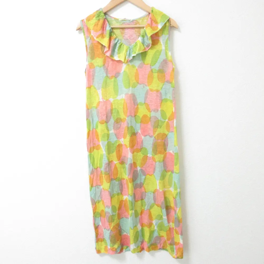 mina perhonen ミナペルホネン pomme りんご柄 リネン100% フリルカラー ノースリーブ ひざ丈 ワンピース 36 マルチカラー