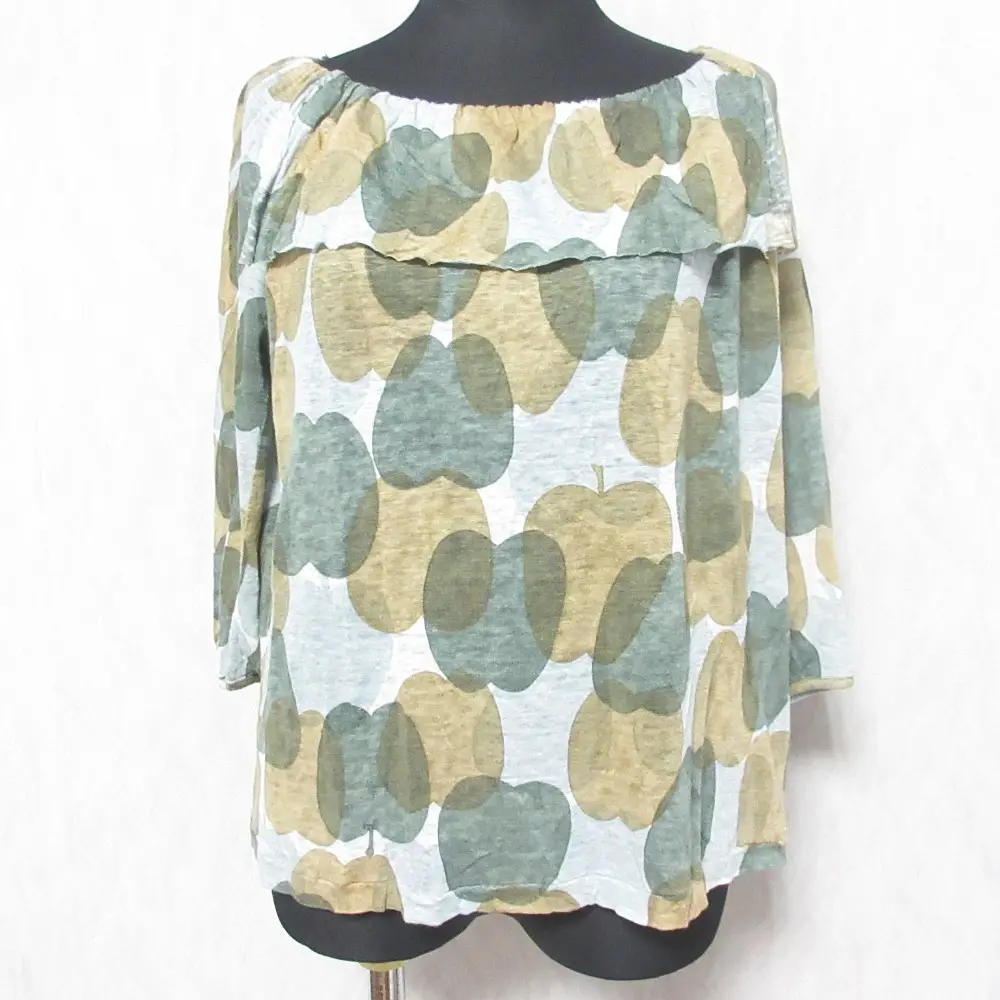 mina perhonen ミナペルホネン pomme りんご柄 リネン 七分袖 オフショルダー プルオーバー カットソー rs8509 36 グレー系