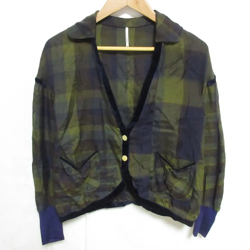 mina perhonen ミナペルホネン village チェック柄 Vネック カーディガン ブラウス ジャケット カーキ系