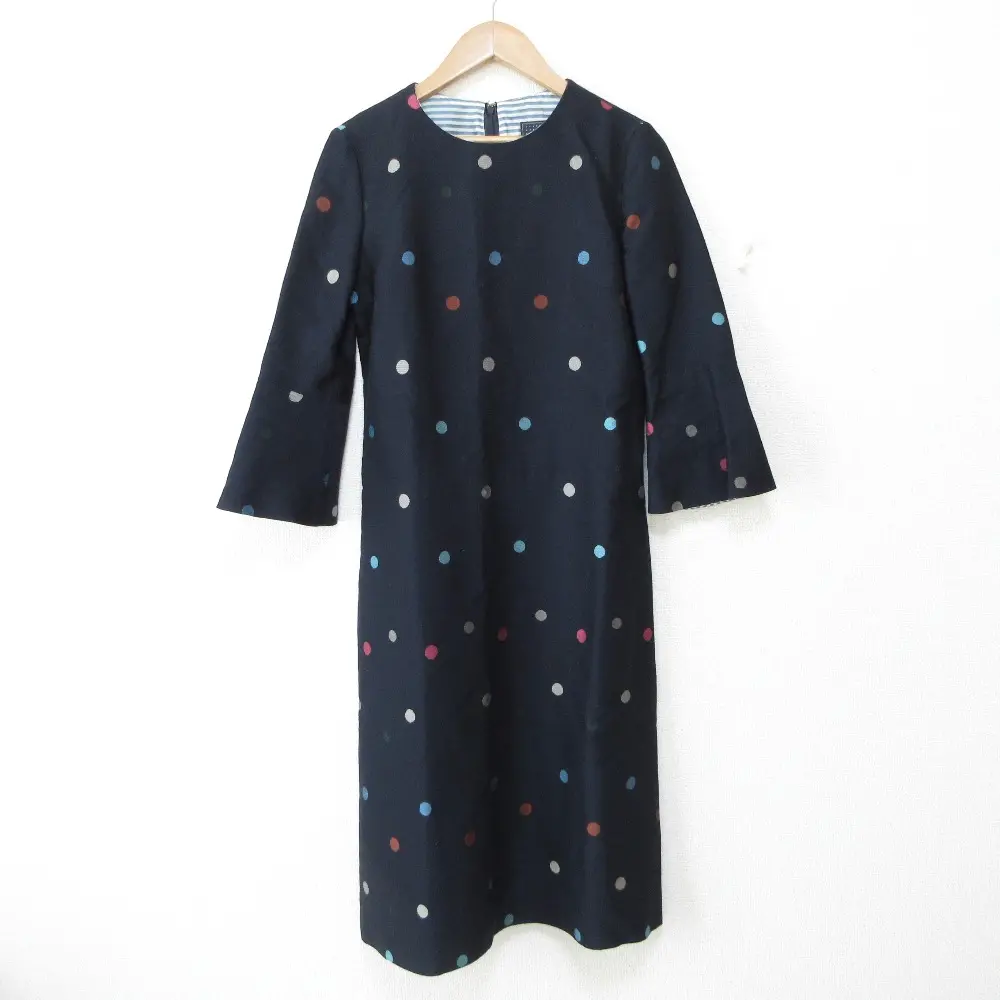 mina perhonen ミナペルホネン drops ドロップス ドット柄 カシミヤブレンド 七分袖 ミモレ丈 ワンピース ネイビー
