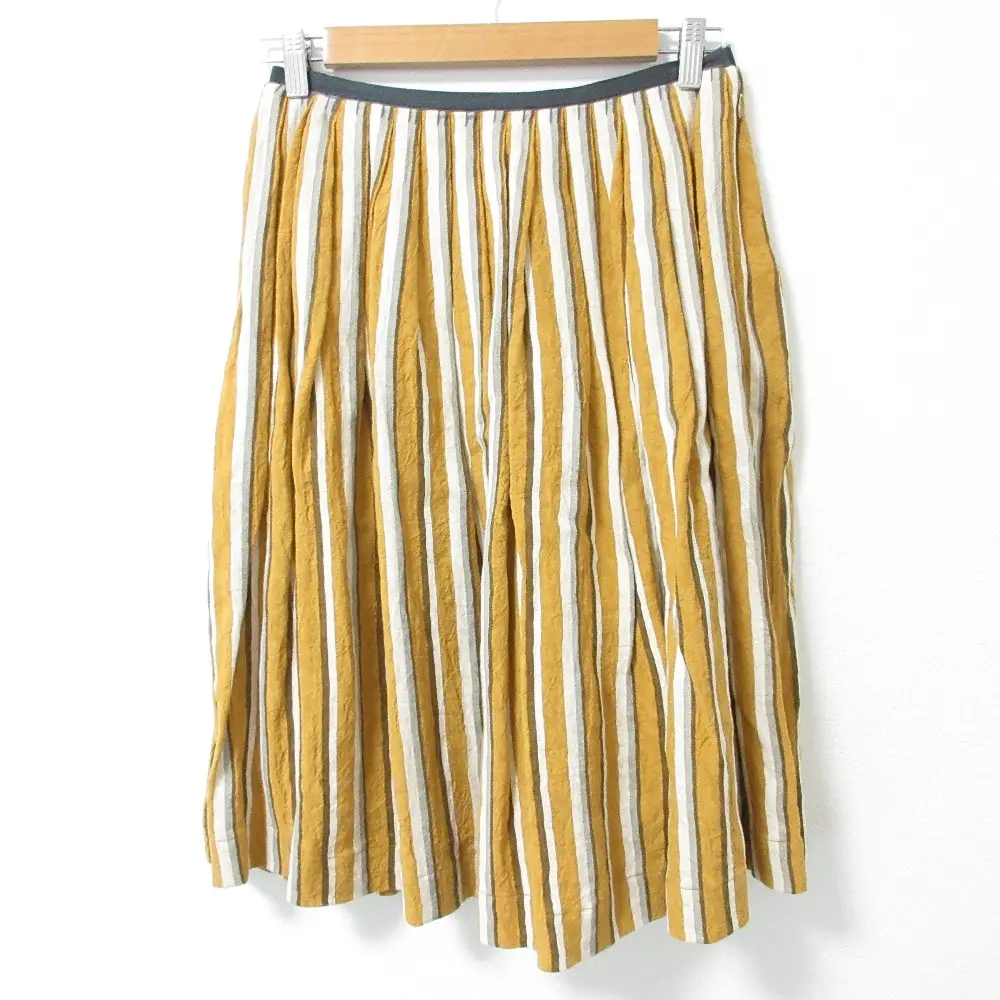 mina perhonen ミナペルホネン tide ストライプ柄 リネン100％ ひざ丈 フレアスカート 38 マスタード