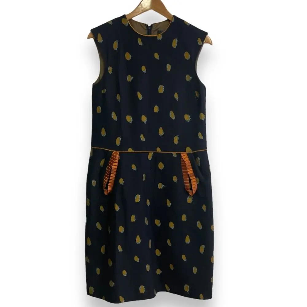 クリーニング済 mina perhonen ミナペルホネン goutte カシミヤブレンド ひざ下丈 ノースリーブ ワンピース 38 ネイビー系