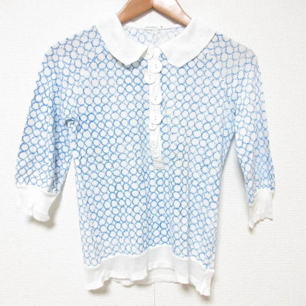 mina perhonen ミナペルホネン cookie 七分袖 ポロシャツ カットソー サイズ1 ホワイト ブルー