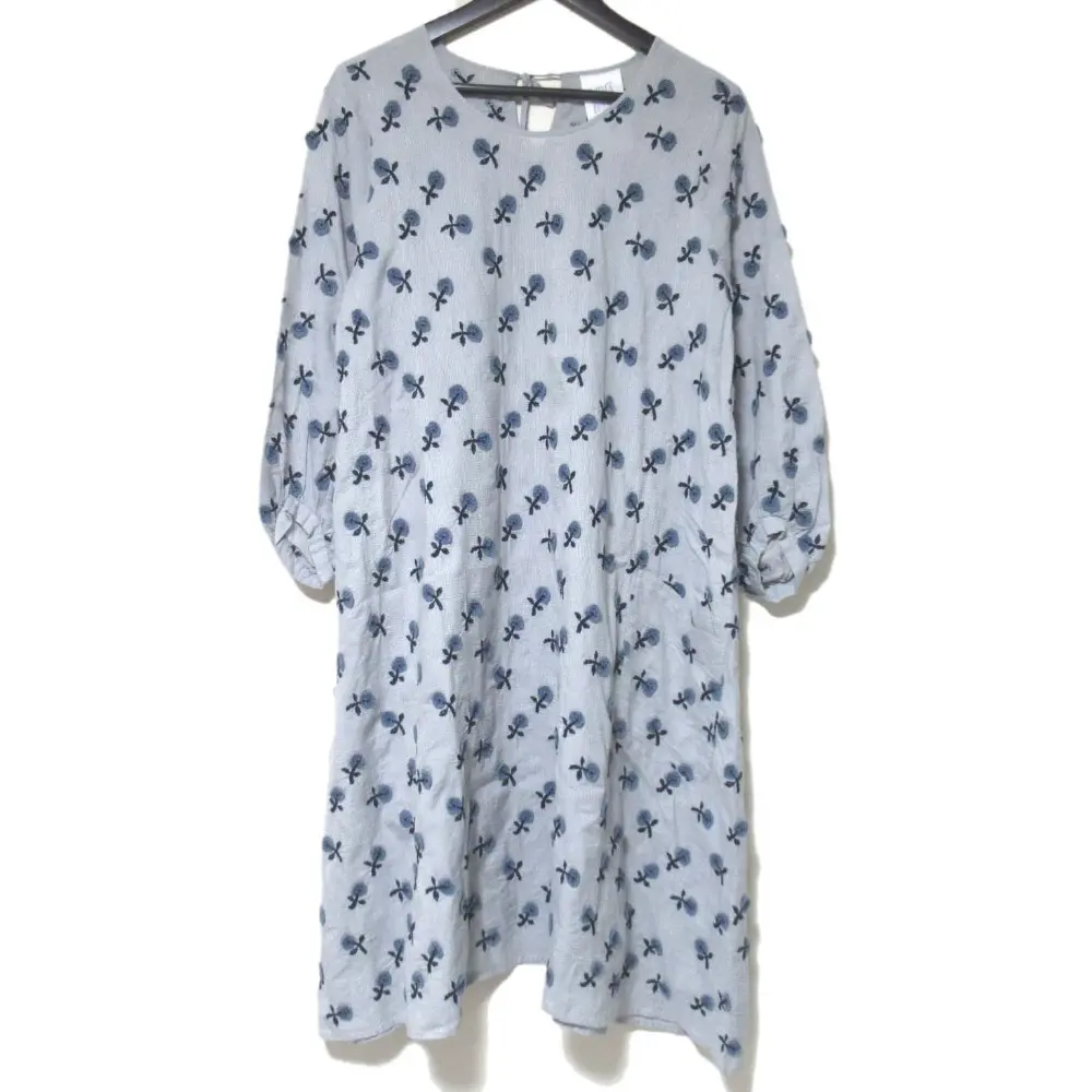 mina perhonen ミナペルホネン skip エンブロイダリー 長袖 ひざ丈 コットンシルク スモック ワンピース os3691 サイズ36 グレー