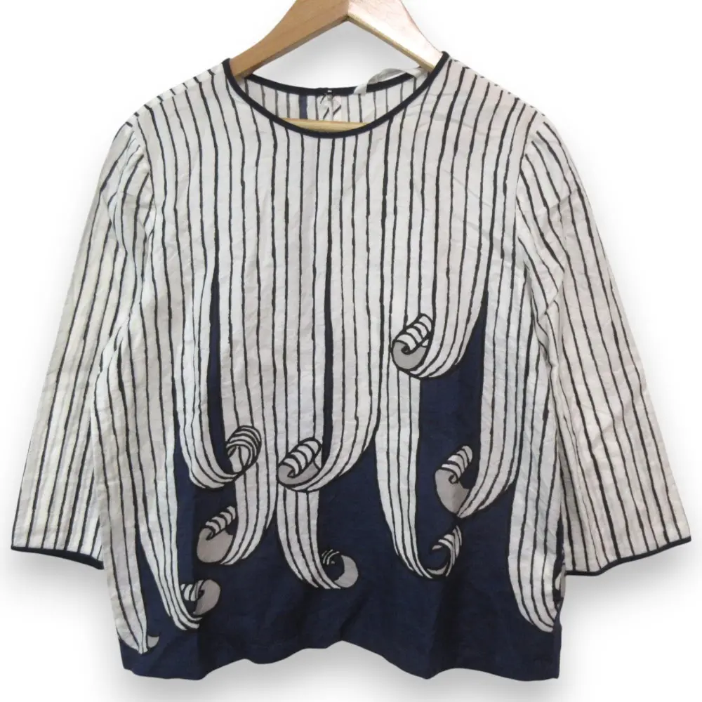 mina perhonen ミナペルホネン swing シルクブレンド ストライプ 3/4スリーブ ブラウス カットソー vs1864 38 ホワイト×ネイビー