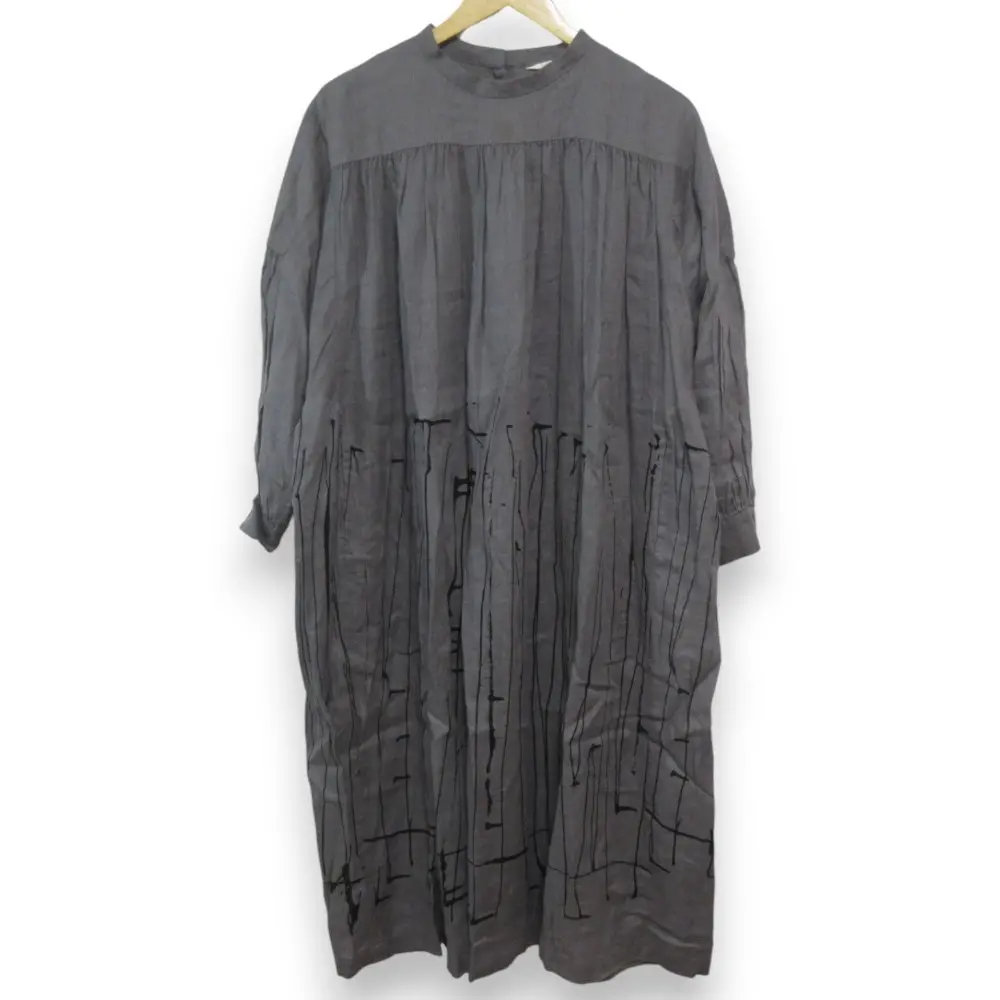 クリーニング済 mina perhonen ミナペルホネン rain track リネン100％ 長袖 ロングシャツワンピース xs3592 サイズ36 グレー