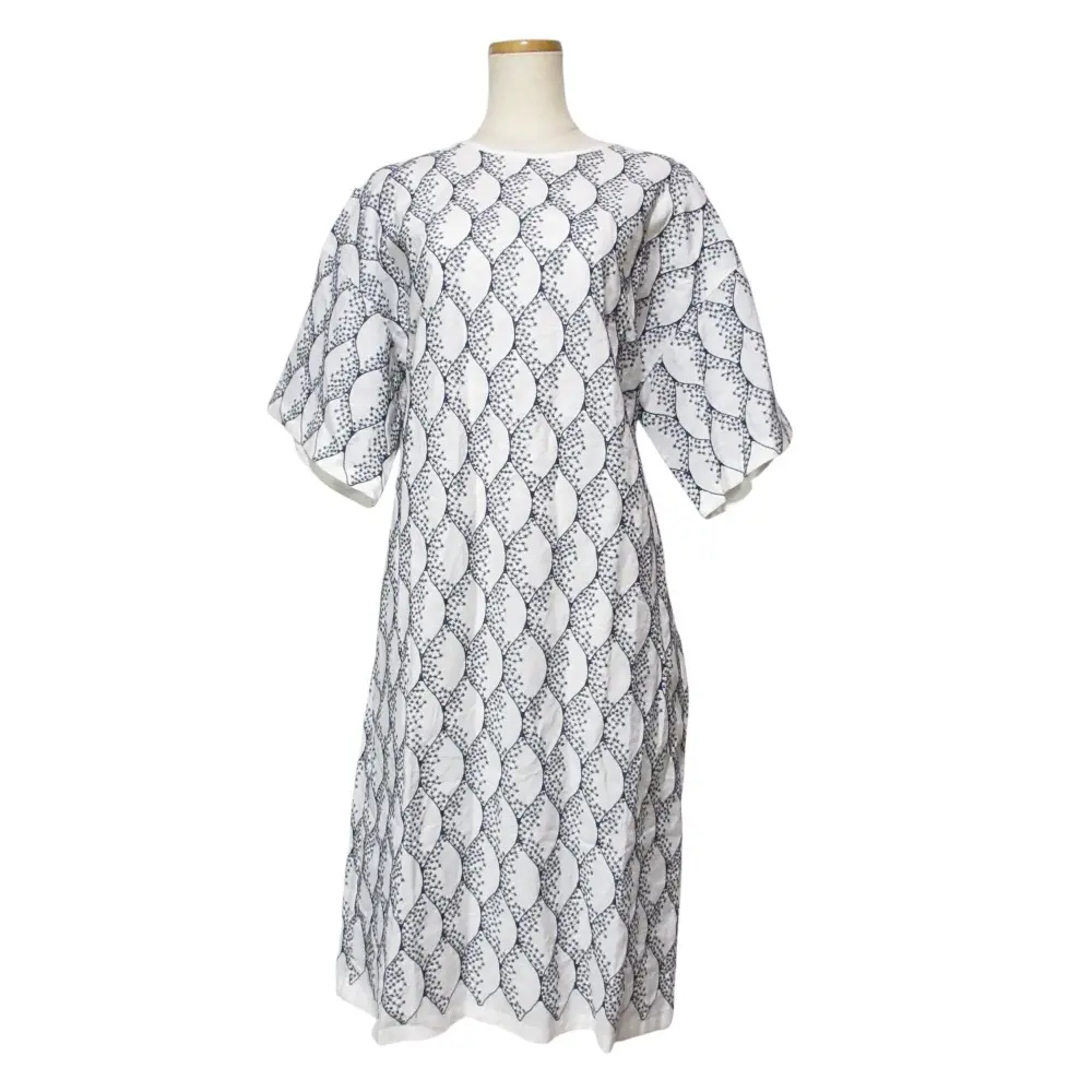 mina perhonen ミナペルホネン sitruuna リネン 刺繍 半袖 クルーネック ワンピース 38 ホワイト ネイビー