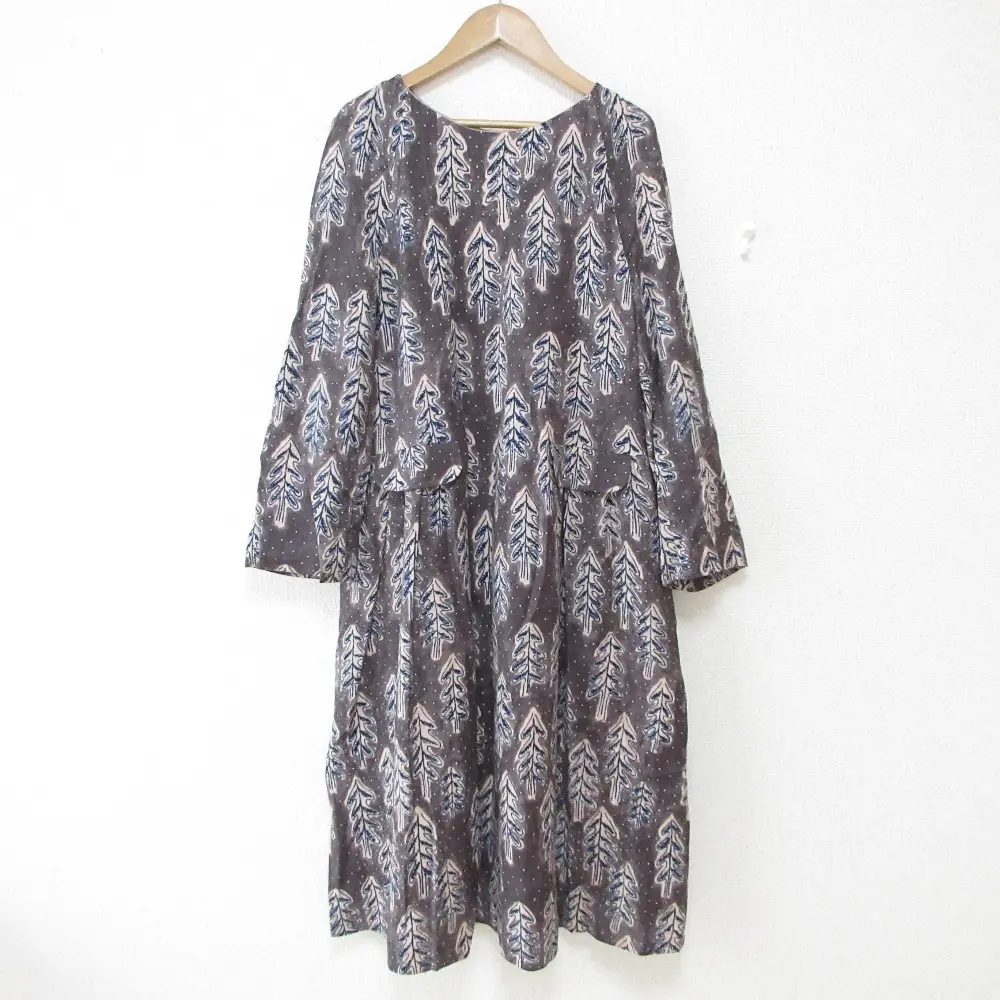 mina perhonen ミナペルホネン snow candle 長袖 ロング フレアワンピース 40 グレー ネイビー