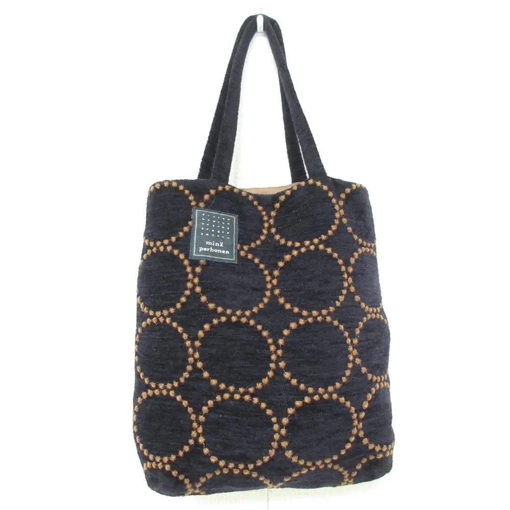 mina perhonen ミナペルホネン tambourine タンバリン 刺繡 ハンドバッグ トートバッグ ネイビー×ブラウン