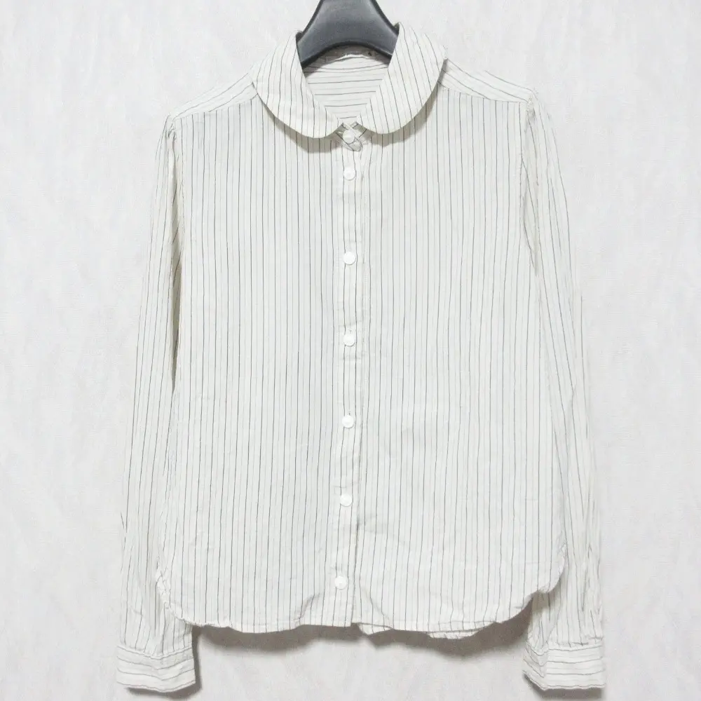 mina perhonen ミナペルホネン fine rain ストライプ柄 丸襟 ラウンドカラー 長袖 ブラウス シャツ RS1572 38 ライトベージュ