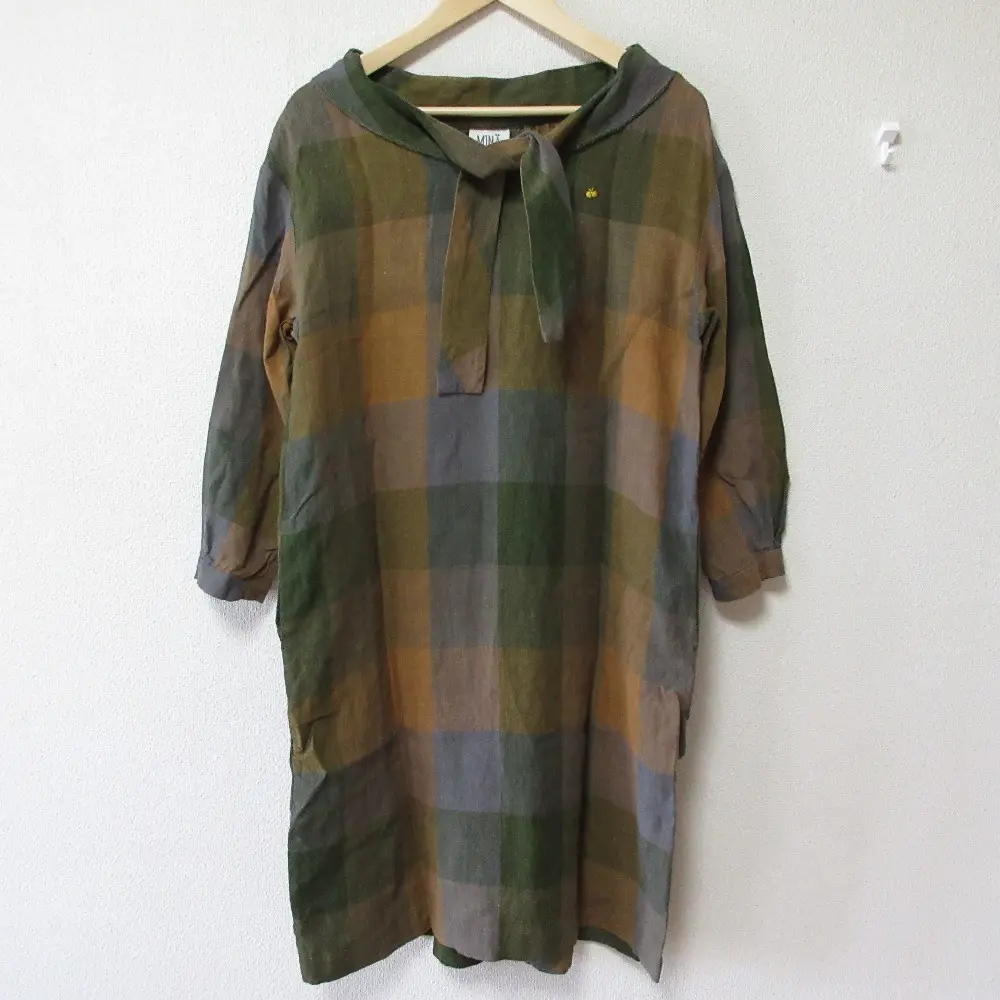 mina perhonen ミナペルホネン herb チェック リネン 長袖 ワンピース 38 マルチカラー