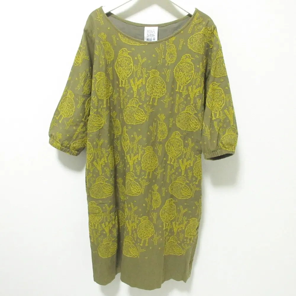 mina perhonen ミナペルホネン home circle ハーフスリーブ 膝丈 ワンピース 36 カーキ