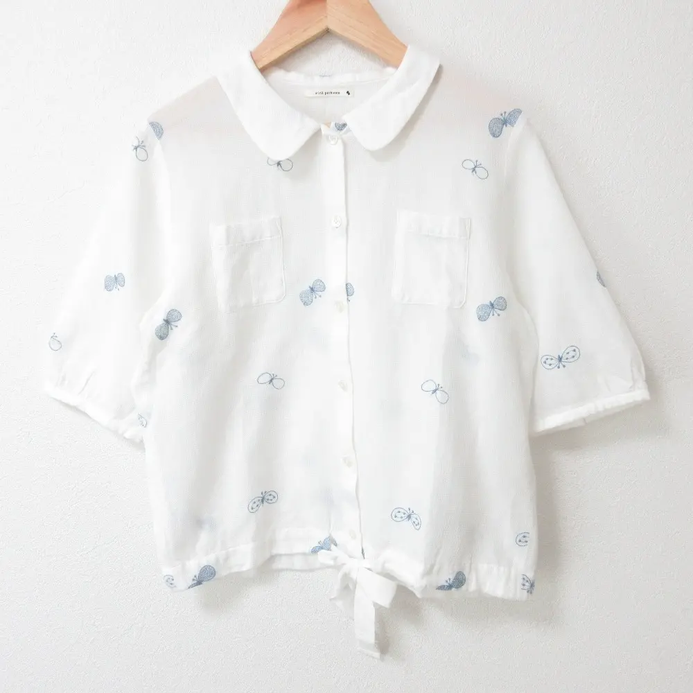 mina perhonen ミナペルホネン choucho 刺繍 ハーフスリーブ ラウンドカラー ブラウス サイズ38 ホワイト