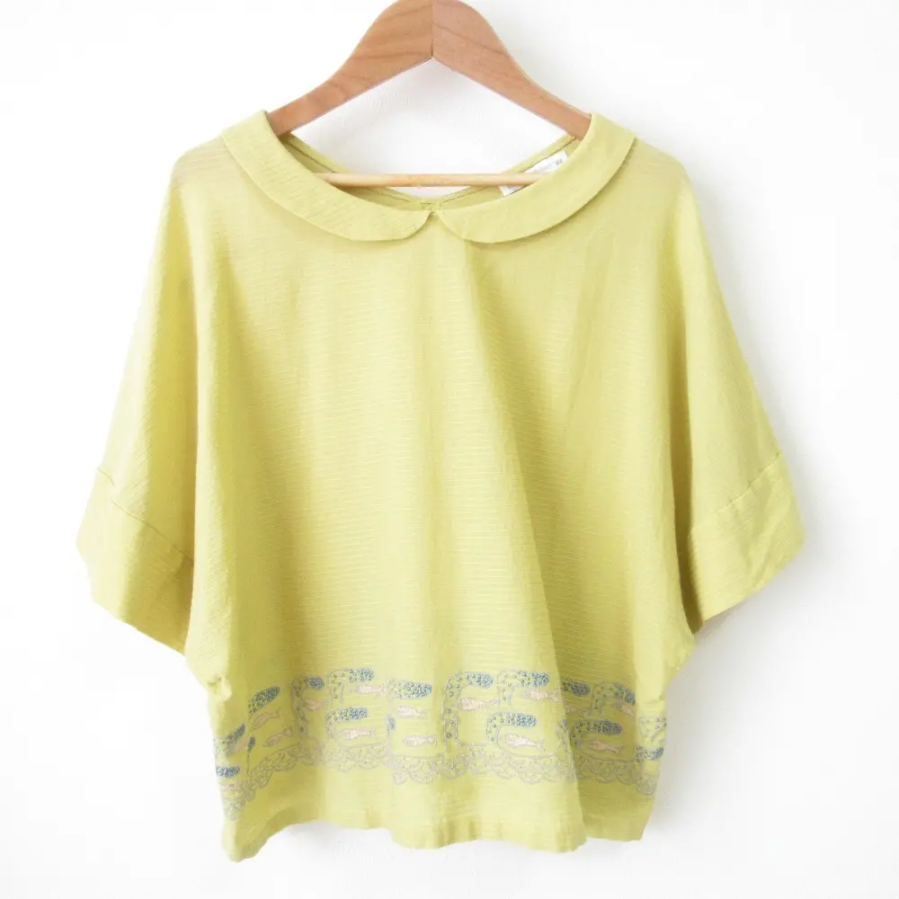 mina perhonen ミナペルホネン Voyage ボヤージュ 丸襟 ハーフスリーブ コットンブラウス カットソー シャツ 36 イエロー