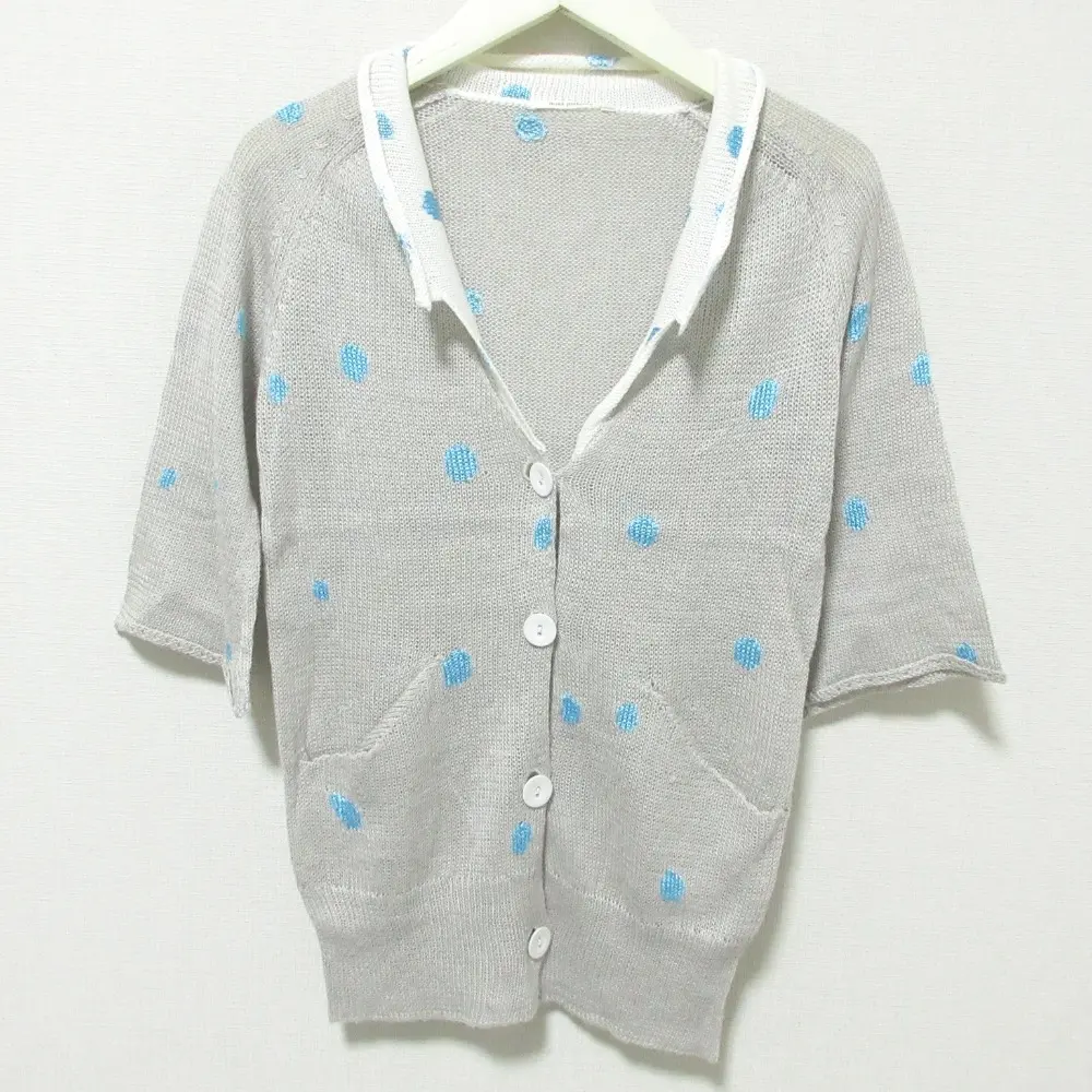mina perhonen ミナペルホネン Sunny snow ドット 水玉 リネンブレンド 五分袖 ニット カーディガン グレー×ブルー