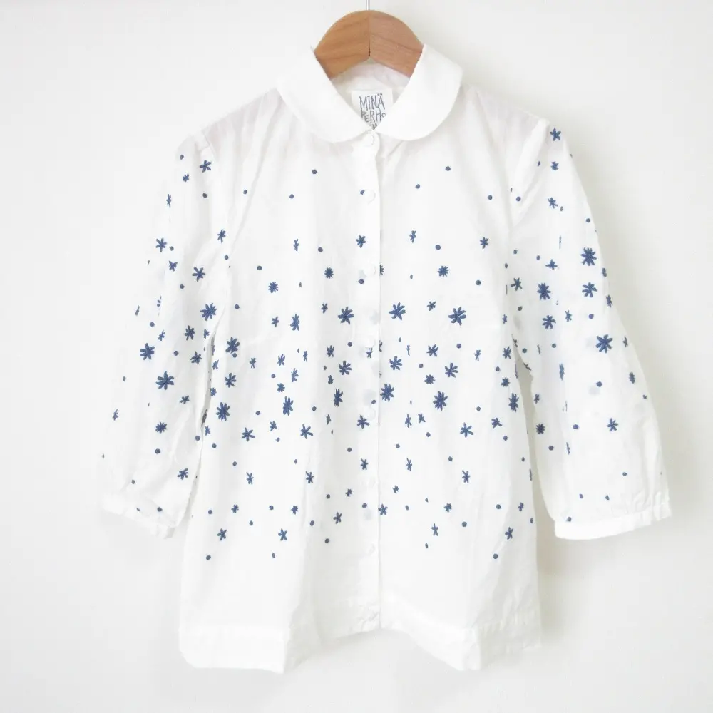 mina perhonen ミナペルホネン hoshihana 七分袖 丸襟 コットン刺繍ブラウス シャツ 38 ホワイト