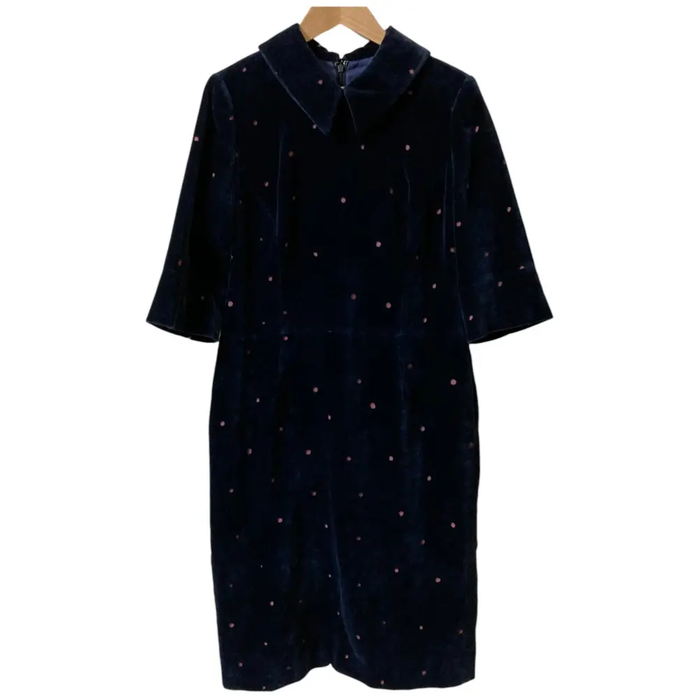 mina perhonen ミナペルホネン starlight ベルベット ベロア ドット ハーフスリーブ ひざ丈 襟付き ワンピース 38 ネイビー