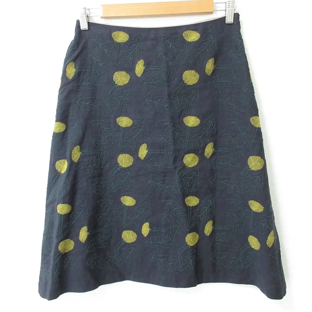 mina perhonen ミナペルホネン tanpopo 刺繍 ひざ丈 スカート 38 ネイビー