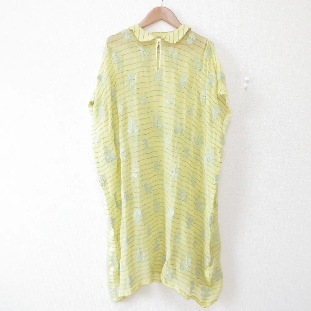 mina perhonen ミナペルホネン bonheur ボーダー柄 刺繍 フレンチスリーブ ガーゼワンピース サイズ36 イエロー