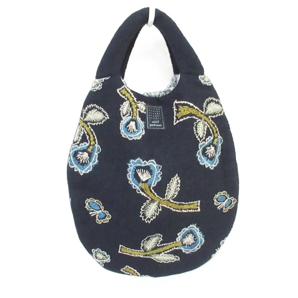 mina perhonen ミナペルホネン yume リネン アルパカブレンド フラワー刺繡 エッグバッグ ハンドバッグ ネイビー