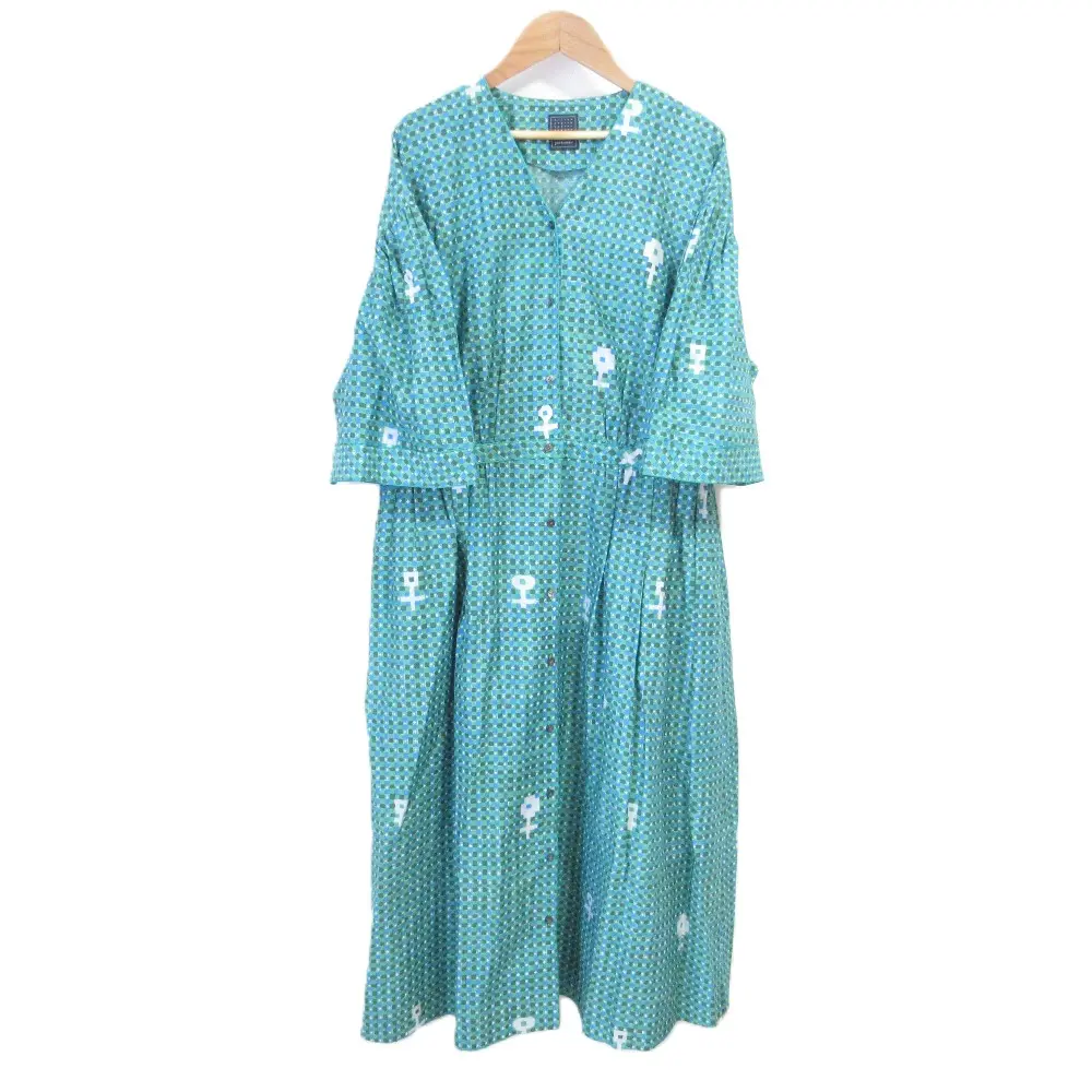 23SS mina perhonen ミナペルホネン cross flower コットンシルク 半袖 シャツロングワンピース abs3977 サイズ36 グリーン