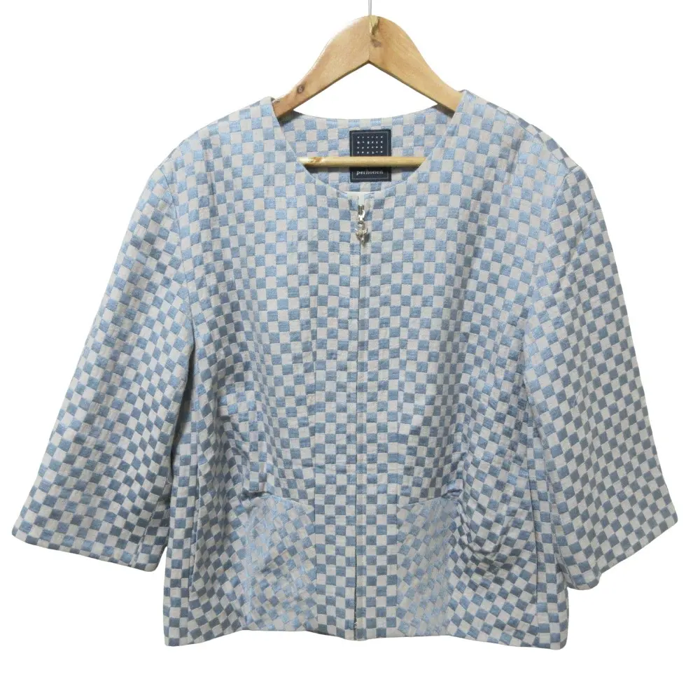 クリーニング済 mina perhonen ミナペルホネン ichimatsu シルク リネンブレンド ノーカラージャケット 36 ライトブルー