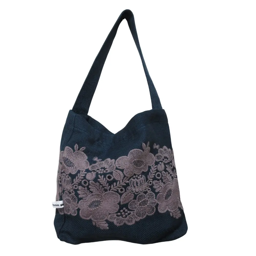 minä perhonen ミナペルホネン smile flower holiday bag リネン 刺繍 ハンドバッグ ネイビー