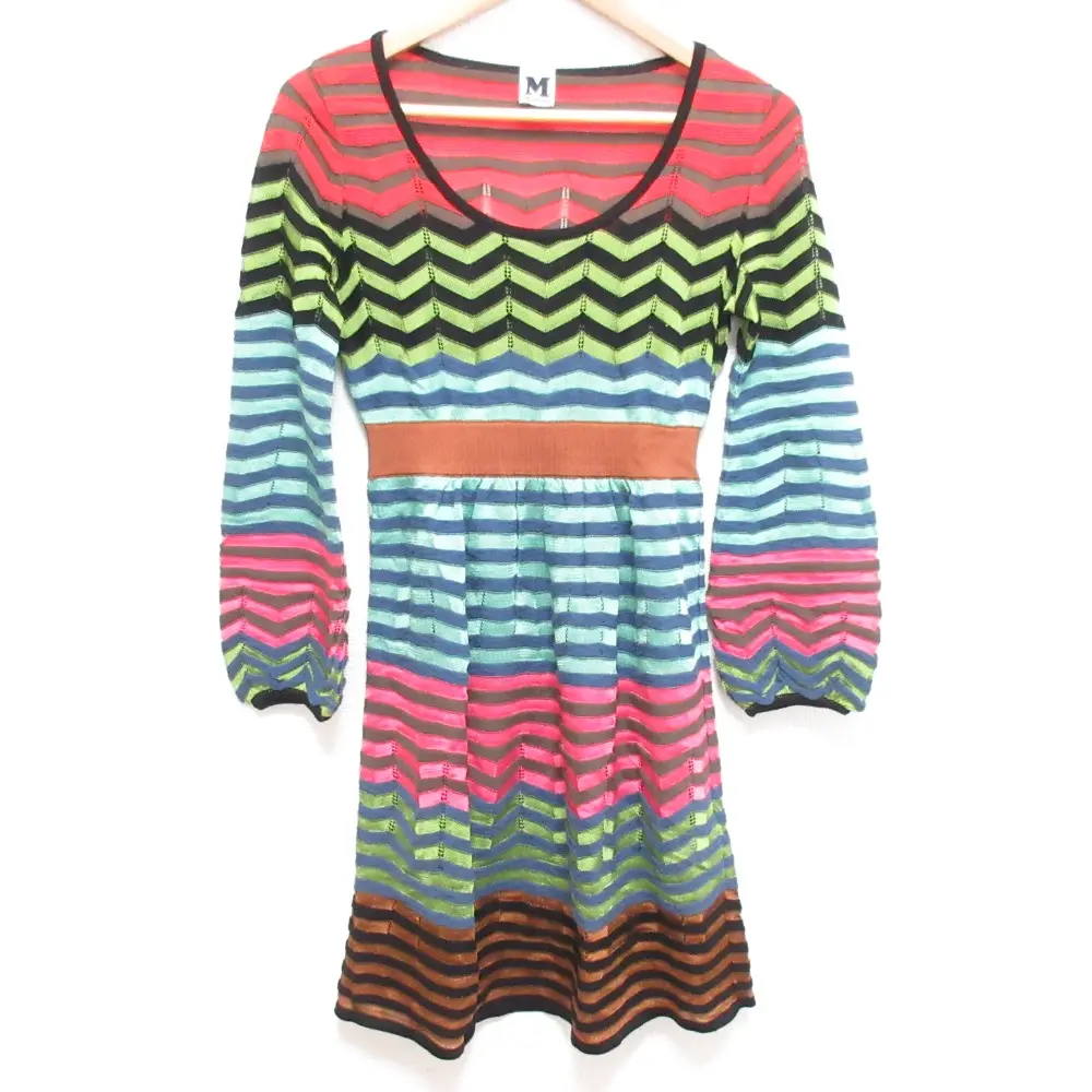 M MISSONI エムミッソーニ シェブロン ジグザク ボーダー パフスリーブ ニットワンピース ミニドレス サイズ40 マルチカラー