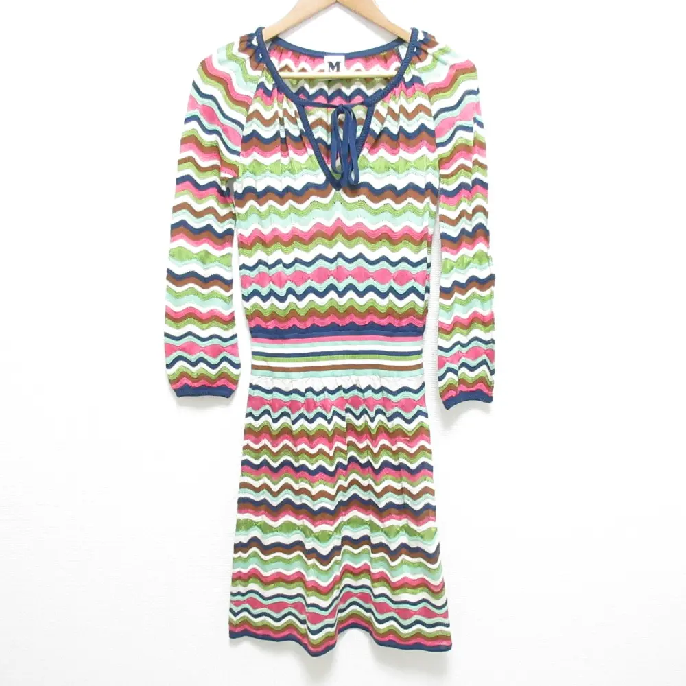 M MISSONI エムミッソーニ シェブロン ジグザグ リボン ウエストマーク 長袖 ひざ丈 ニットワンピース サイズ40 マルチカラー