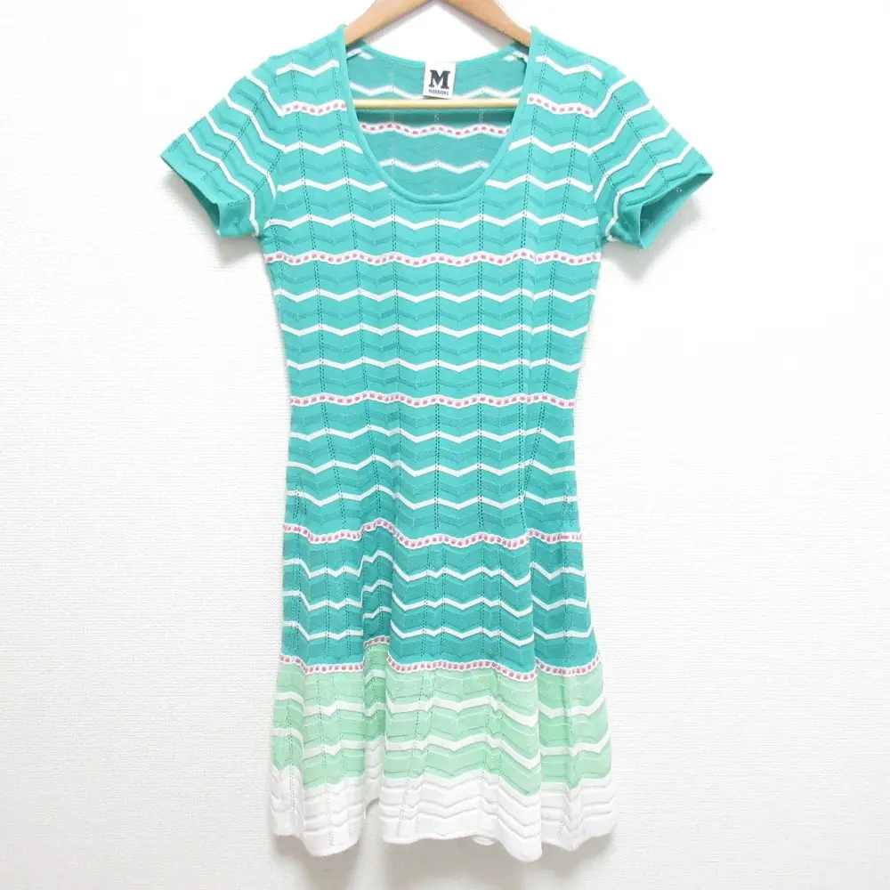 M MISSONI エムミッソーニ ボーダー 総柄 ショートスリーブ Uネック ニットワンピース ミニドレス サイズ40 グリーン