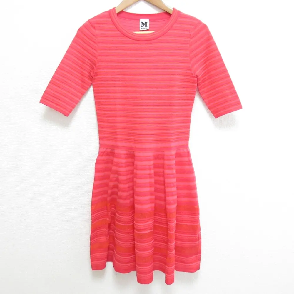 M MISSONI エムミッソーニ ボーダー ハーフスリーブ 五分袖 ひざ丈 フレア ニットワンピース サイズ40 レッド系