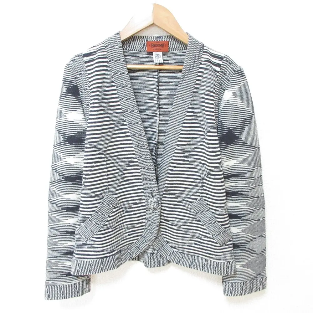 MISSONI ミッソーニ マルチボーダー ノーカラー ニットジャケット 42 ブラック×ホワイト