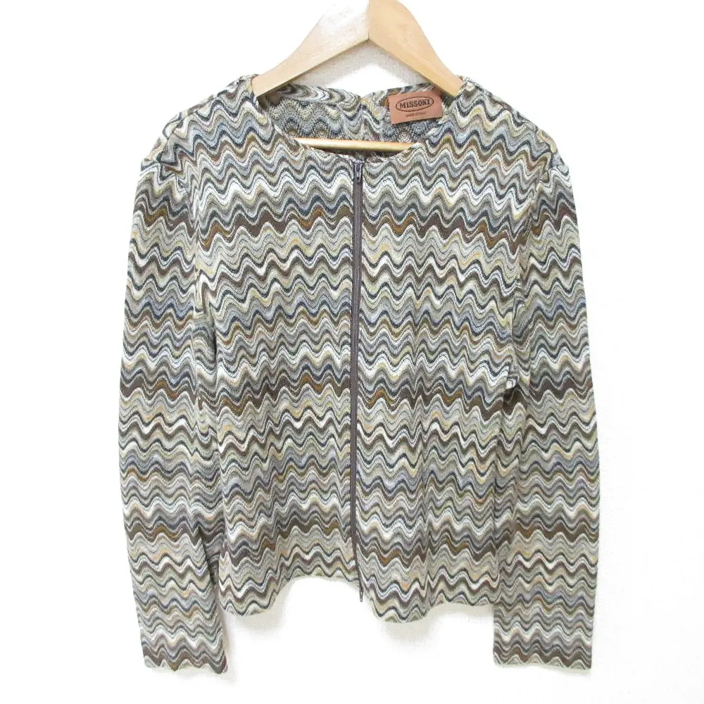 MISSONI ミッソーニ シェブロンストライプ ジップアップ ノーカラーニットジャケット 大きいサイズ 44 ブラウン系
